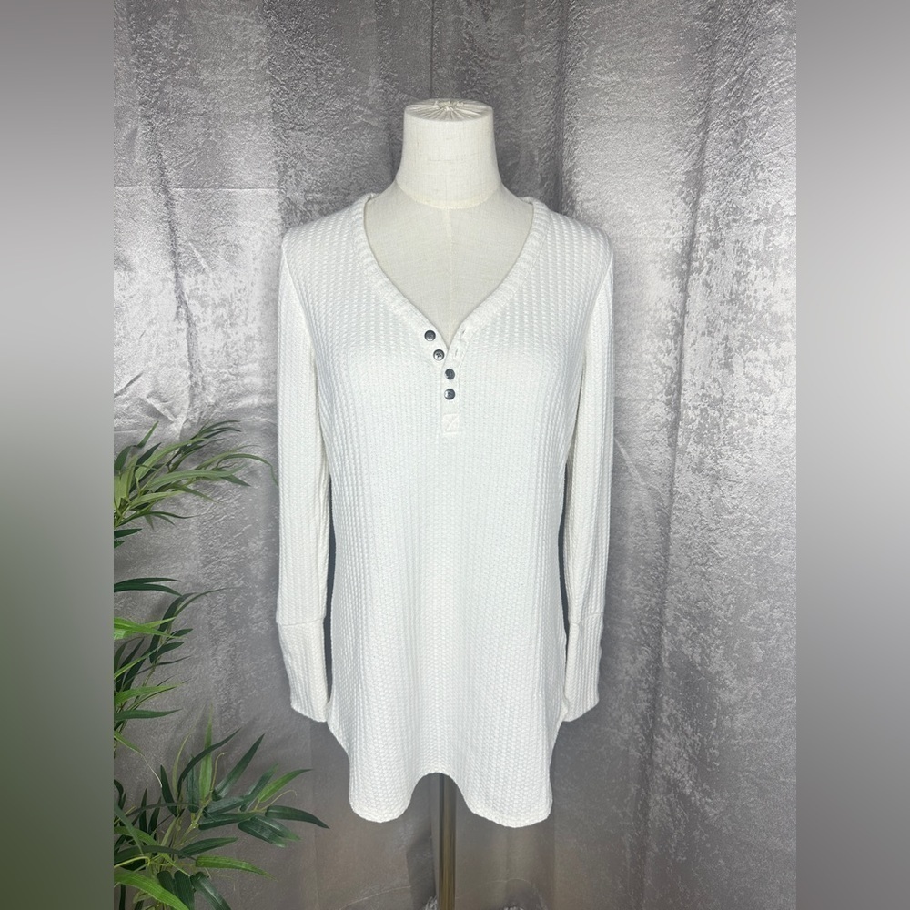 NEW Chaser Women’s V-Neck Waffle Knit Thermal Long Sleeve Tee Cream Sz Large